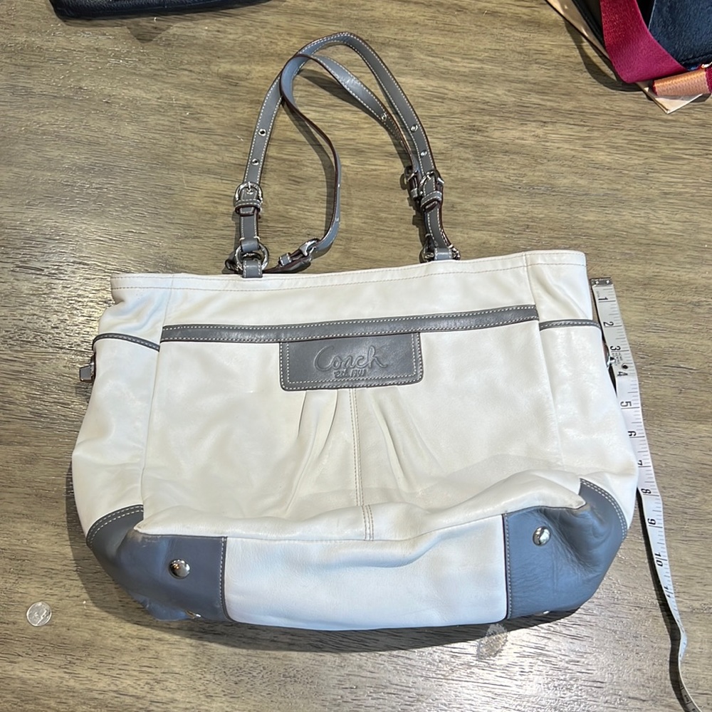 White and gray leather Coach Tote